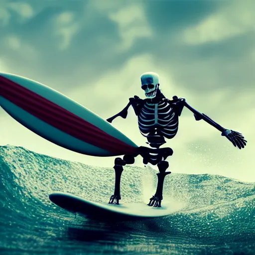 Image similar to skeleton riding a surfboard over a wave, digital art, 4k, high detail, octane render, cinematic lighting, HD