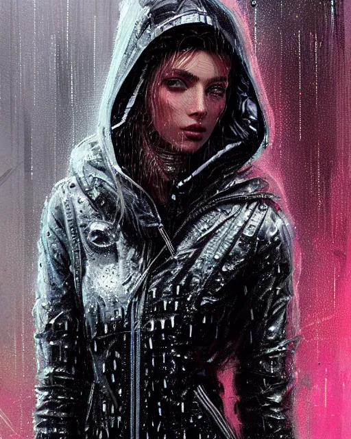 Image similar to detailed portrait European Pretty Modern Girl Dithering ditherpunk dither-punk Rain, Reflective jacket coat, Futuristic sci-fi fashion, royal attire by ismail inceoglu dragan bibin hans thoma greg rutkowski Alexandros Pyromallis Nekro Rene Margitte illustrated Perfect face, fine details, realistic shaded, fine-face, pretty face