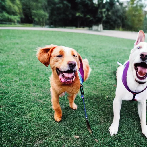 Image similar to two happy dogs on a walk in a park by sam bosma, 4 k