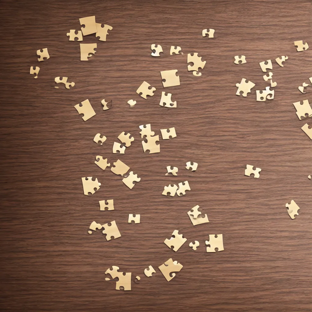 Prompt: top down view with puzzle pieces on top of wooden table, wallpaper, 4k, photorealistic