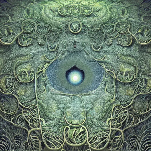 Image similar to an intricate and detailled illustration close - up of intricate fractal mandelbulb made of smoke and vines, lot of eyes, rendered in cinema 4 d, by esao andrews and karol bak and zdzislaw beksinski and zdzisław beksinski, trending on art station