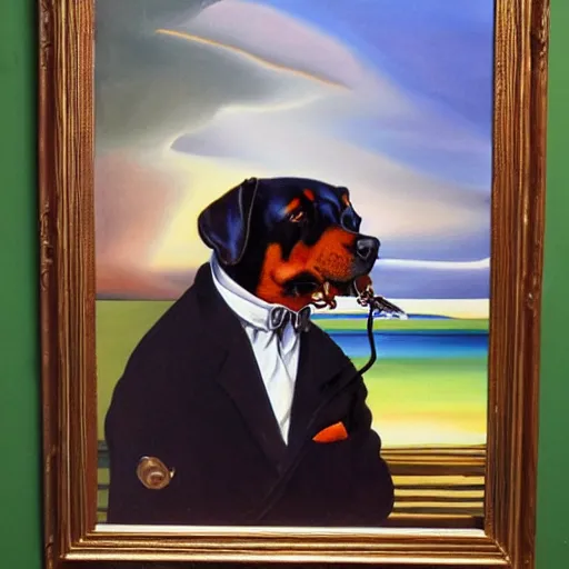 Image similar to oil painting by salvador dali of a rottweiler smoking a cigarette