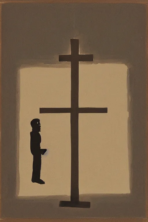 Image similar to man kneeling at the base of a wooden cross, 1960’s minimalist advertising illustration, painterly