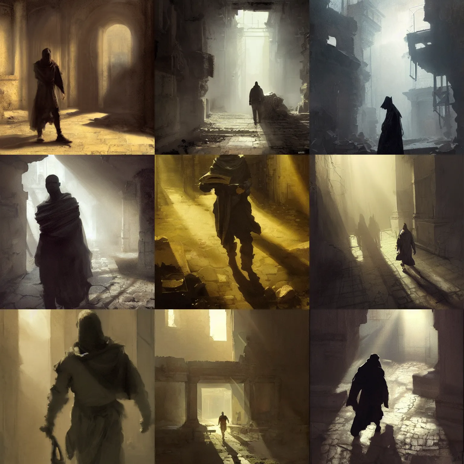 Prompt: portait of magican wearing a closed cerimonial cowl, big old book chained to the wrist, by jeremy mann, by craig mullins, by caravaggio and mike mignola, face in the shadows, walking between ruins of ancient rome at dusk, mysterious atmosphere, sunrays, high detailed, 8 k