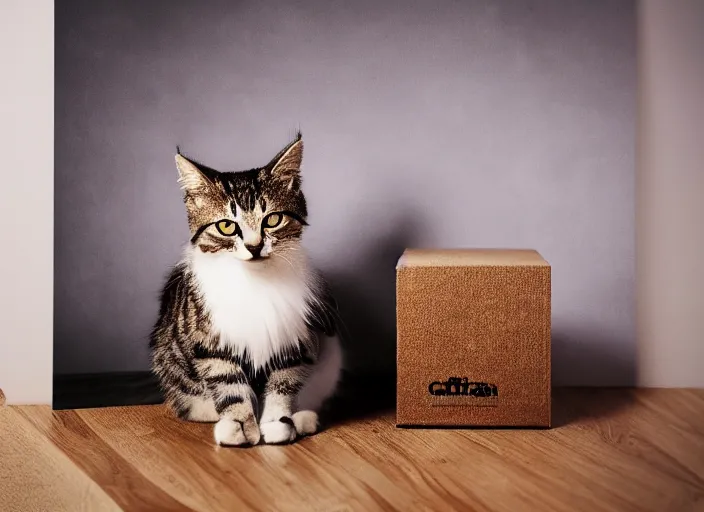 Image similar to photography of a Cat sitting on a box. in a room full of posters, photorealistic, raining award winning photo, 100mm, sharp, high res