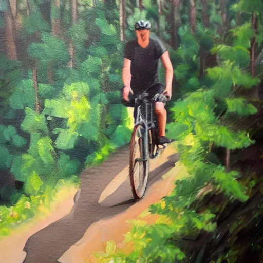 Image similar to man biking up a steep forest hill, sweaty. Oil painting. Emotional. Steep. Trees