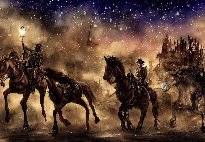 Image similar to horses riding through a steampunk city at night under a dark starred sky, dark fantasy, digital art, watercolor, high detail, dreaming illusion