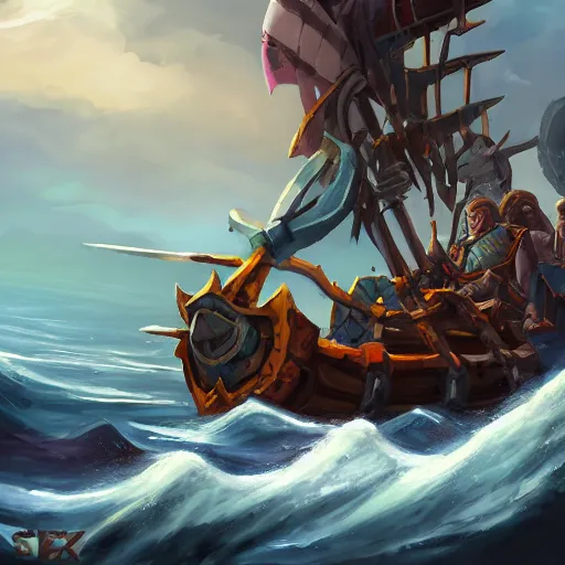 Prompt: arcane style viking battleship, viking cannons, viking spears and axes. spear and axes, sea background, bright art masterpiece artstation. 8 k, sharp high quality artwork, concept art by tooth wu, blizzard warcraft artwork, hearthstone card artwork