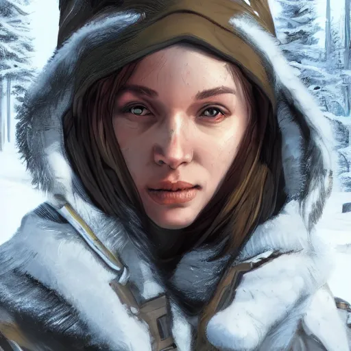 Image similar to A comic book style portrait painting of a female ranger in a a post apocalyptic winter landscape, unreal 5, DAZ, hyperrealistic, octane render, RPG portrait, ambient light, dynamic lighting