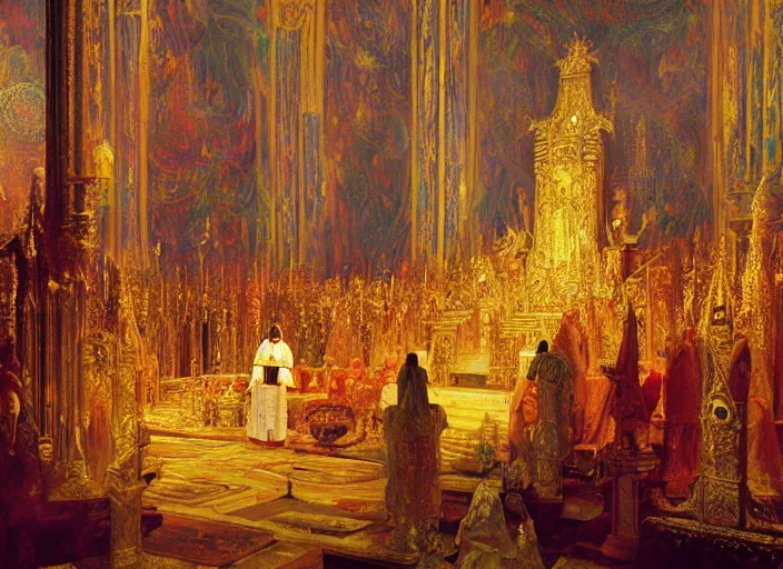 Image similar to worship of the pope, royal robe, gold trim, demons, mysticism, light effect, hyper detailed, intricate, atmospheric, elegant, photorealistic by paul lehr, hyper - real