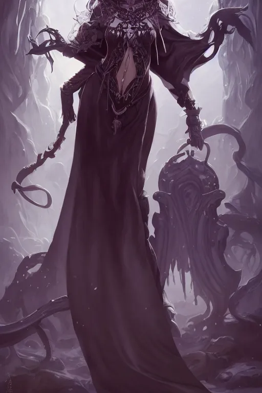 Prompt: a beautiful eldritch priestess girl standing on an altar wearing thick black robes | | cute - fine - face, photorealistic, hyperrealistic, pretty face, fine details by stanley artgerm lau, wlop, rossdraws, james jean, andrei riabovitchev, marc simonetti, and sakimichan, trending on artstation