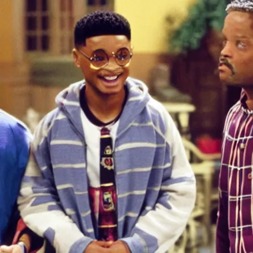 Image similar to Daniel Radcliffe as Harry Potter next to Will Smith in Fresh Prince of Bell Air