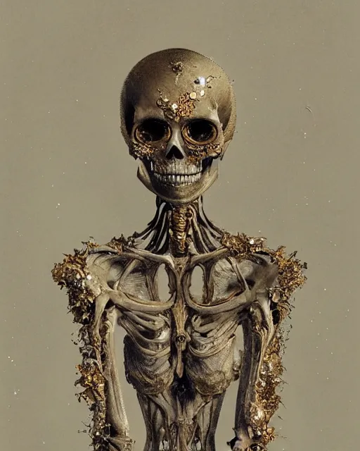 Image similar to A boney thin body girl humanoid with teared viscose clothes wearing a carved mineral mask with tiny mineral and gold incrustations. skull bones, , hyper detailed, insane details, intricate, elite, ornate, elegant, luxury, by Ismail inceoglu dragan bibin hans thoma greg rutkowski Alexandros Pyromallis Nekro Rene Maritte Illustrated, Perfect face, fine details, realistic shaded, fine-face, pretty face