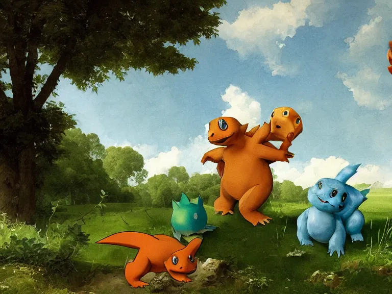 Prompt: an watercolour painting of Charmander, Bulbasaur and Squirtle in a green meadow by carl spitzweg and tuomas korpi. baroque elements, full-length view. baroque element. intricate artwork by caravaggio. Trending on artstation. 8k