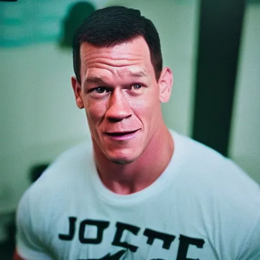 Image similar to A Medium shot of a John Cena face, captured in low light with a soft focus. There is a gentle green hue to the image, and the John cena’s features are lightly blurred. Cinestill 800t