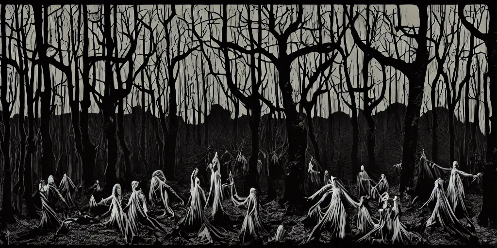 Image similar to masterpiece demons, vampires and witches dancing in the scary woods at dusk, by jeffrey smith and stanley donwood. volumetric lighting, photorealistic, intricate, trending on artstation 8 k