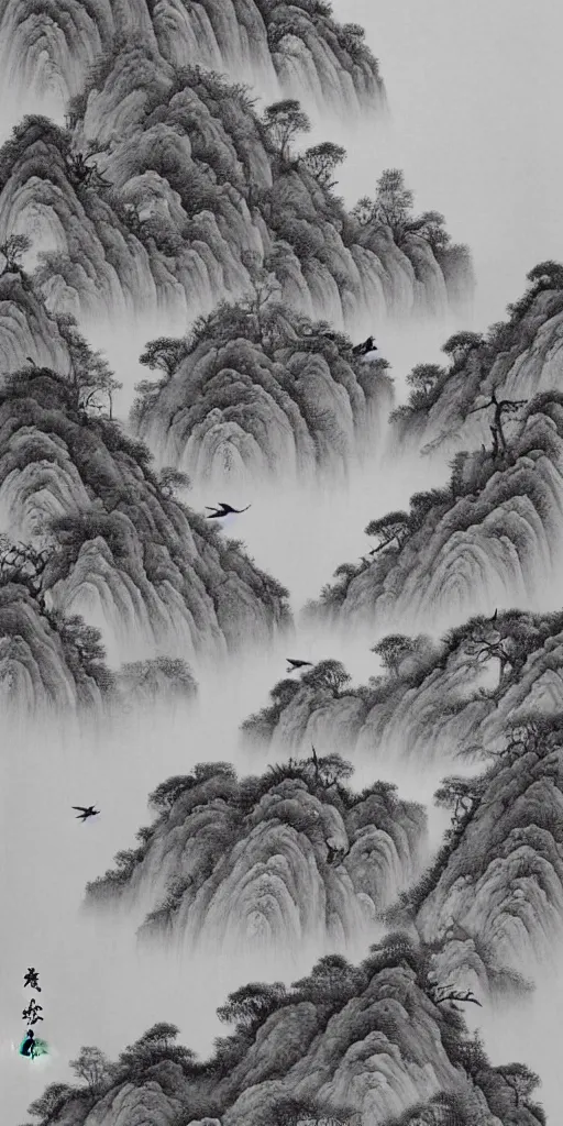 Image similar to Environmental shot, Beautiful!!!!! chinese ink-wash painting of a cliff surrounding a river, birds flying , shui mo hua, highly intricate