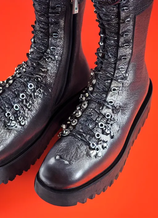 Image similar to hyperrealistic and heavy detailed balenciaga boots of whole lotta red by playboi carti, leica sl 2 5 0 mm, vivid color, high quality, high textured, real life