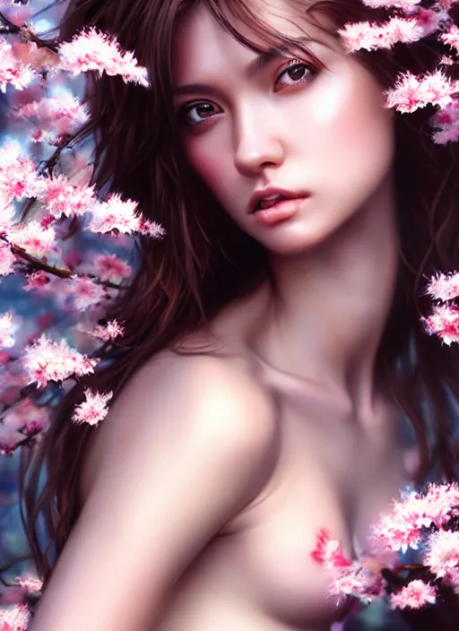 Image similar to photo of a gorgeous female with messy hair in the style of stefan kostic, realistic, body shot, sharp focus, 8 k high definition, insanely detailed, intricate, elegant, art by stanley lau and artgerm, cherry blossoms