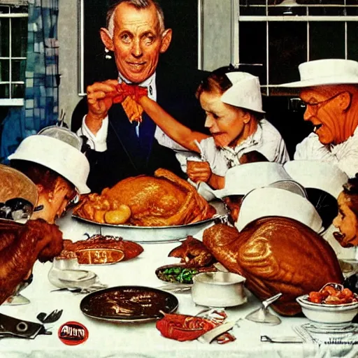 Image similar to a norman rockwell painting of the nasa mars rover eating thanksgiving dinner with robots, award winning,