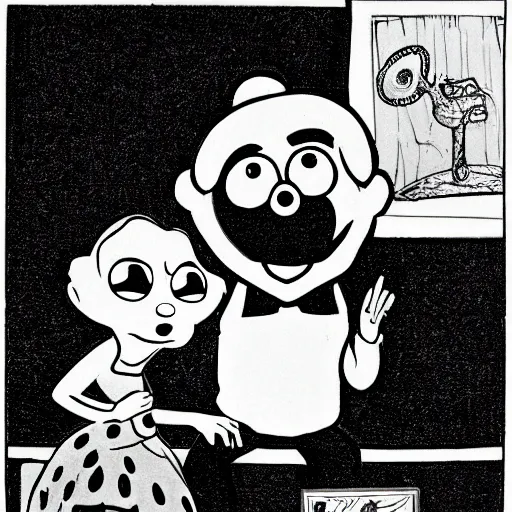 Prompt: a black and white photograph in the style of Jim Henson, Gary Baseman, Robert Crumb, Ernie Bushmiller, Hanna Barbera, Sid and Marty Kroft, photorealism, surreal, high contrast, film photography