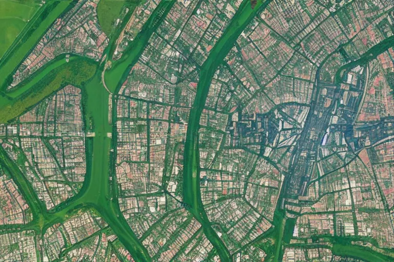 Image similar to satellite image of a large Soviet city with a large square green park in the middle