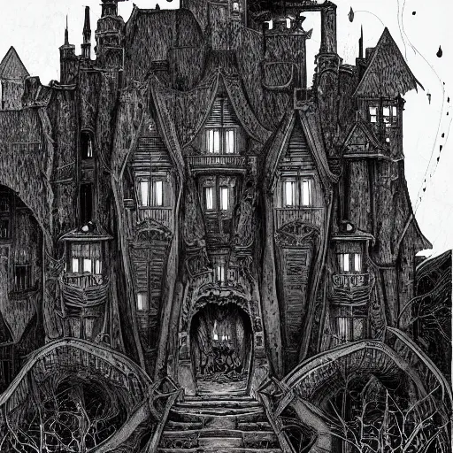 Image similar to black and white art deco style ink drawing of detailed the huge haunted house on the edge of a hill , highly detailed, fantasy art, in the style of greg rutkowski, epic, fantasy, intricate, hyper detailed, artstation, concept art, smooth, sharp focus, ray tracing