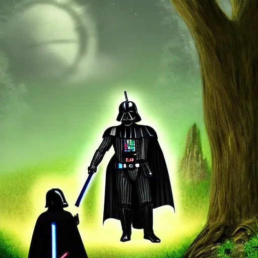 Image similar to darth vader visiting frodo in the shire, digital art,