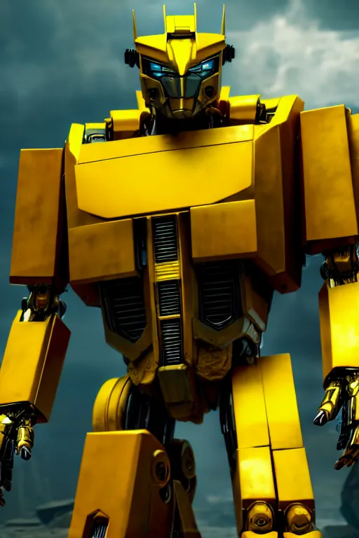 Image similar to a cinematic still from film transformers series, yellow mech, humanoid servo, octane render, nvidia raytracing demo, masterpiece, aged armor plating, aggressive head,