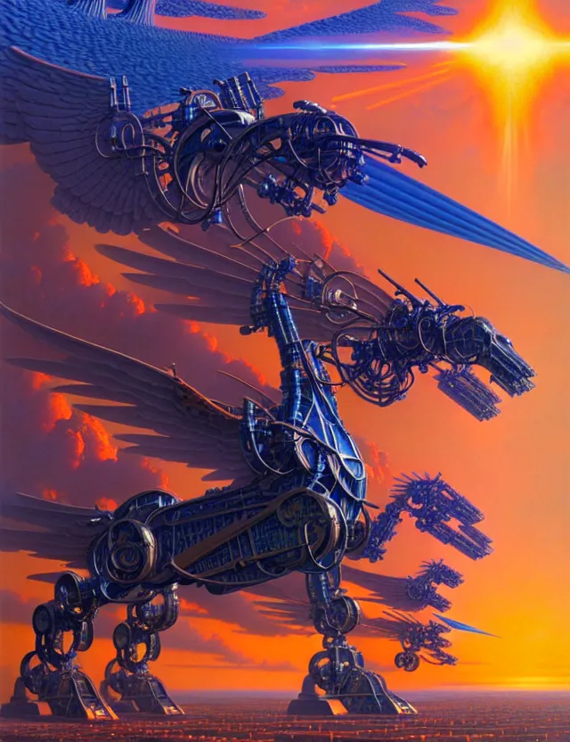 Prompt: a giant pegasus mecha, tim hildebrandt, wayne barlowe, bruce pennington, donato giancola, trending on artstation, cinematic composition, beautiful lighting, hyper detailed, 8 k, oil on canvas