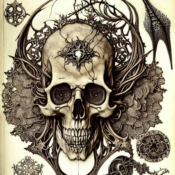 Image similar to memento mori by arthur rackham, art forms of nature by ernst haeckel, exquisitely detailed, art nouveau, gothic, ornately carved beautiful skull dominant, intricately carved antique bone, art nouveau botanicals, ornamental bone carvings, art forms of nature by ernst haeckel, horizontal symmetry, arthur rackham, ernst haeckel, symbolist, visionary