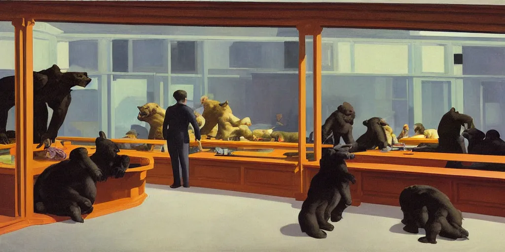 Image similar to painting, view from inside edward hopper's painting nighthawks, of a group of werebears inside a gallery, by magrirre, by neo rauch