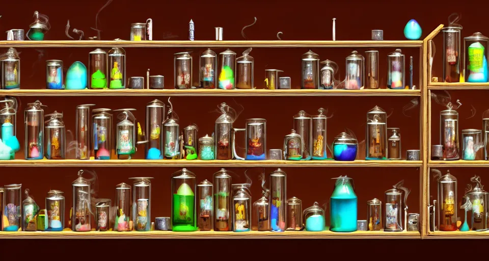 Prompt: a bookshelf of wonderful magical experiments, located in a wizard's shop, full of trinkets and magical potions flasks vials, bubbling liquids, smoking vessels, detailed, 4 k