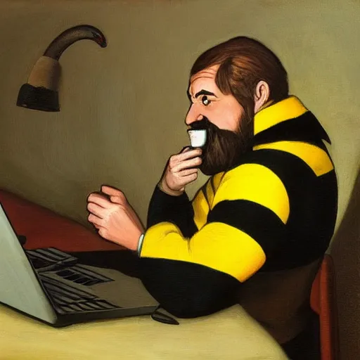 Image similar to tired man in a bumblebee costume drinks coffee in front of a laptop, highly detailed, masterpiece, cartoon, oil on canvas