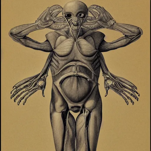 Image similar to anatomical drawing of an alien creature, with organs labeled