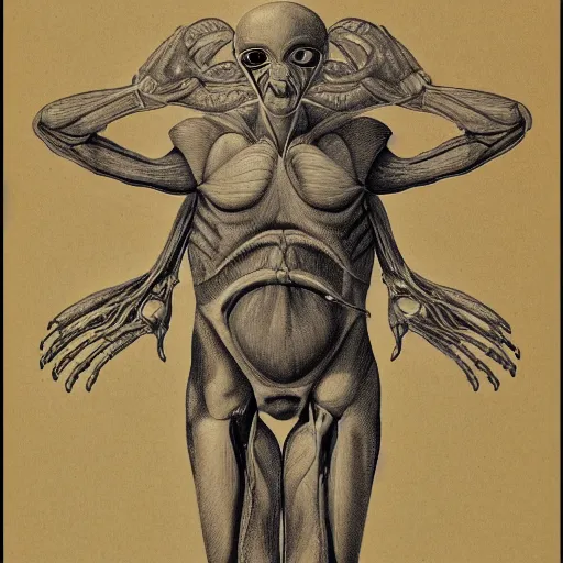 Prompt: anatomical drawing of an alien creature, with organs labeled