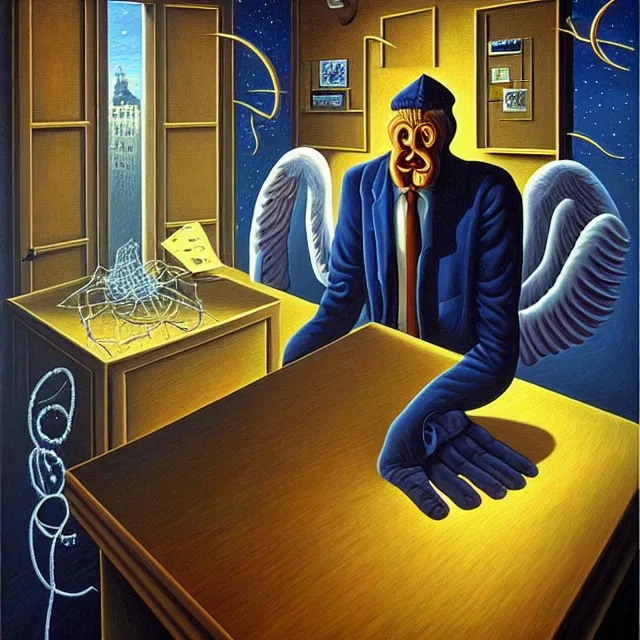 Image similar to an oil on canvas portrait of a man at an office making a deal with an angel, surrealism, surrealist, lovecraftian, cosmic horror, rob gonsalves, high detail