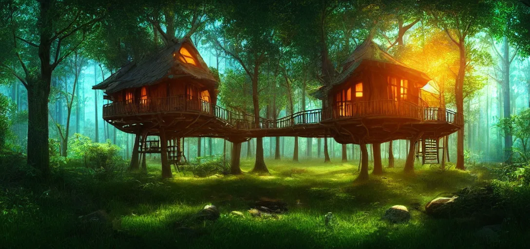 Image similar to beautiful forest, treehouse with glowing round windows, ray tracing, god rays, fireflies, mystical feeling, detailed, digital art