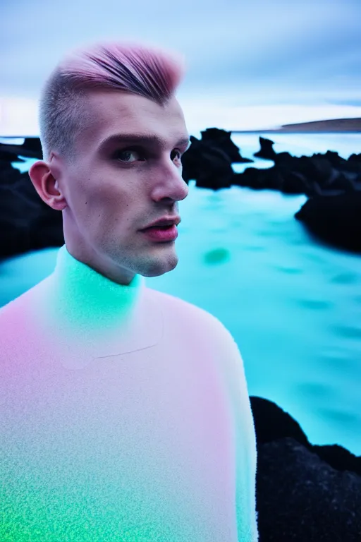 Image similar to high quality pastel coloured film wide angle selfie photograph of an male cyber model standing in an icelandic black rock environment. three point light. photographic. art directed. pastel colours. volumetric light. stark. waves glitch. 8 k. filmic.