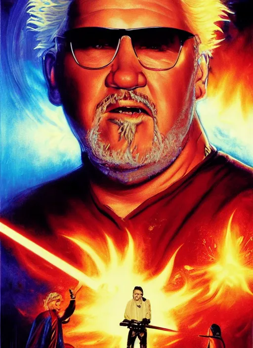 Image similar to epic cinematic poster artwork for featuring portraits for lost star wars film featuring portrait of guy fieri, moody painting by drew struzan, beautiful backlit, colorful, iconic composition, epic award winning, artstation, extremely detailed, flare, photorealistic, 4 k