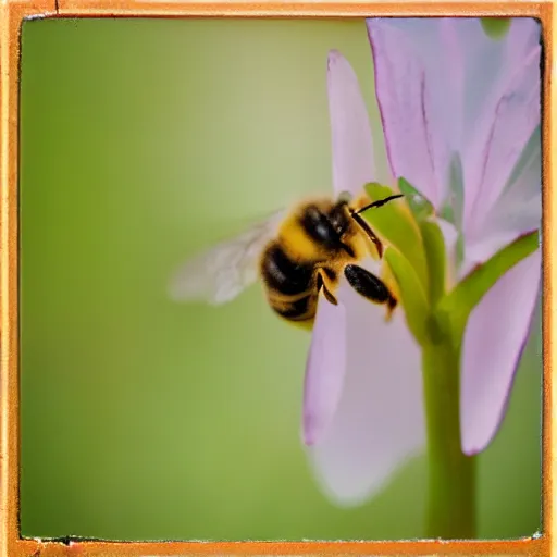 Prompt: macro photo of bee drinking water, kodak portra 4 0 0 color negative film