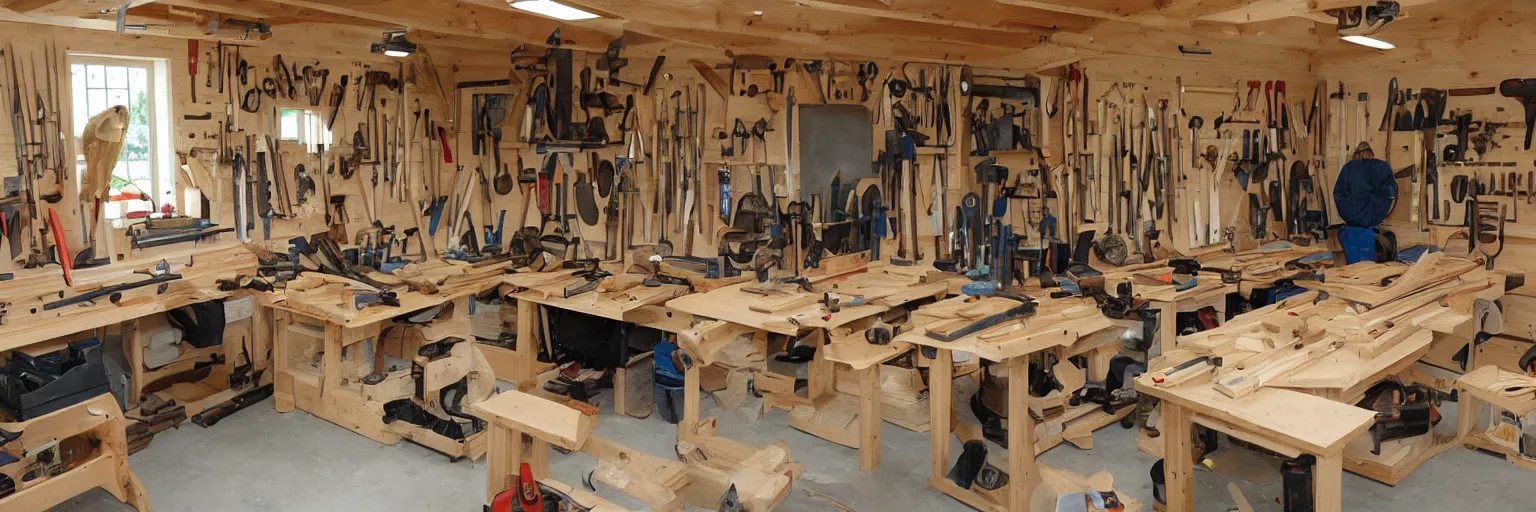 Prompt: A wood workers workshop with a lot of tools wide