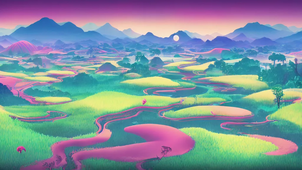 Image similar to digital painting of a lush sinuous river valley by. river. sunset. no mans sky. chiho aoshima. digital render. detailed. beautiful landscape.