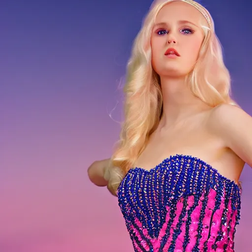 Image similar to a beautiful princess with long blonde hair and blue eyes wearing a strapless elaborately beaded pink dress, high resolution film still, 8k, HDR color, film by Simon Langton and David Frankel