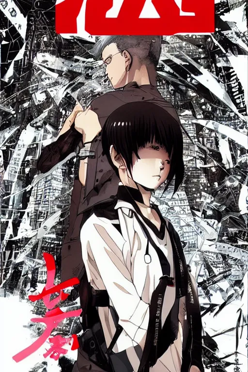 Prompt: professionally drawn 9 0 s seinen seinen seinen mature cyberpunk horror detective action manga comic cover, full color, beautifully drawn coherent professional, drawn by ilya kuvshinov, ilya kuvshinov, and hiromu arakawa and tsutomu nihei. japanese script on the cover. award - winning manga.