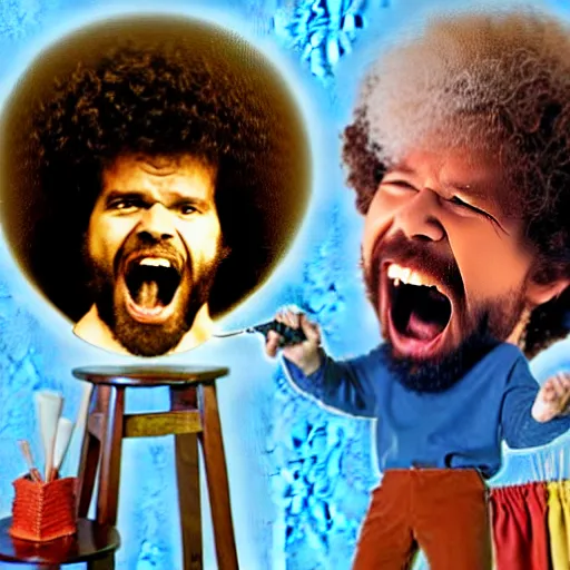 Image similar to bob ross screaming in mouth of bob ross screaming on a bad acid trip