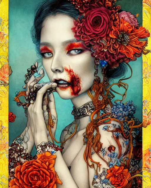 Prompt: beautiful portrait of zombie princess with flowers, cyan, orange and red color scheme, by Chie Yoshii, Jean James and Hans Zatzka, hyperfine detail, cgsociety