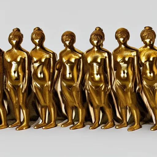 Image similar to A beautiful body art of a group of people standing in a line. They are all facing the same direction and appear to be waiting for something. gold statue by Constant Permeke threatening, graceful