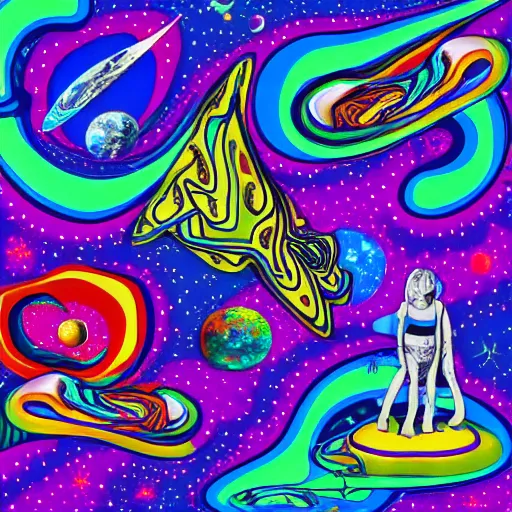 Image similar to psychedelic trippy couch in space, planets, milky way, sofa, cartoon