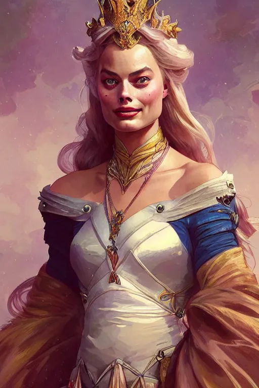 Image similar to Margot Robbie as a princess, fantasy, intricate, elegant, highly detailed, digital painting, artstation, concept art, matte, sharp focus, illustration, art by Artgerm and Greg Rutkowski and Alphonse Mucha